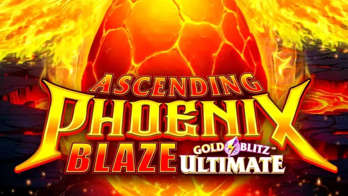 Isang visual na representasyon ng Ascending Phoenix Blaze Gold Blitz Ultimate slot na nagpapakita ng mga gintong simbolo at apoy.