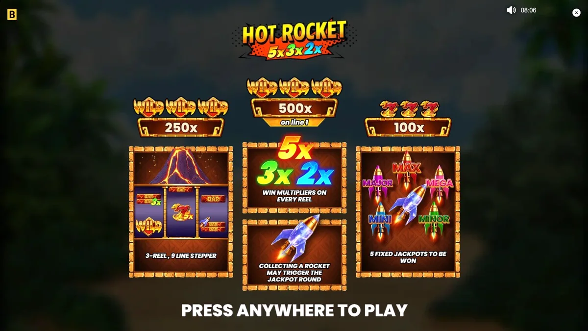 Hot Rocket 5x 3x 2x slot machine interface na may temang bulkan at mga rocket symbols