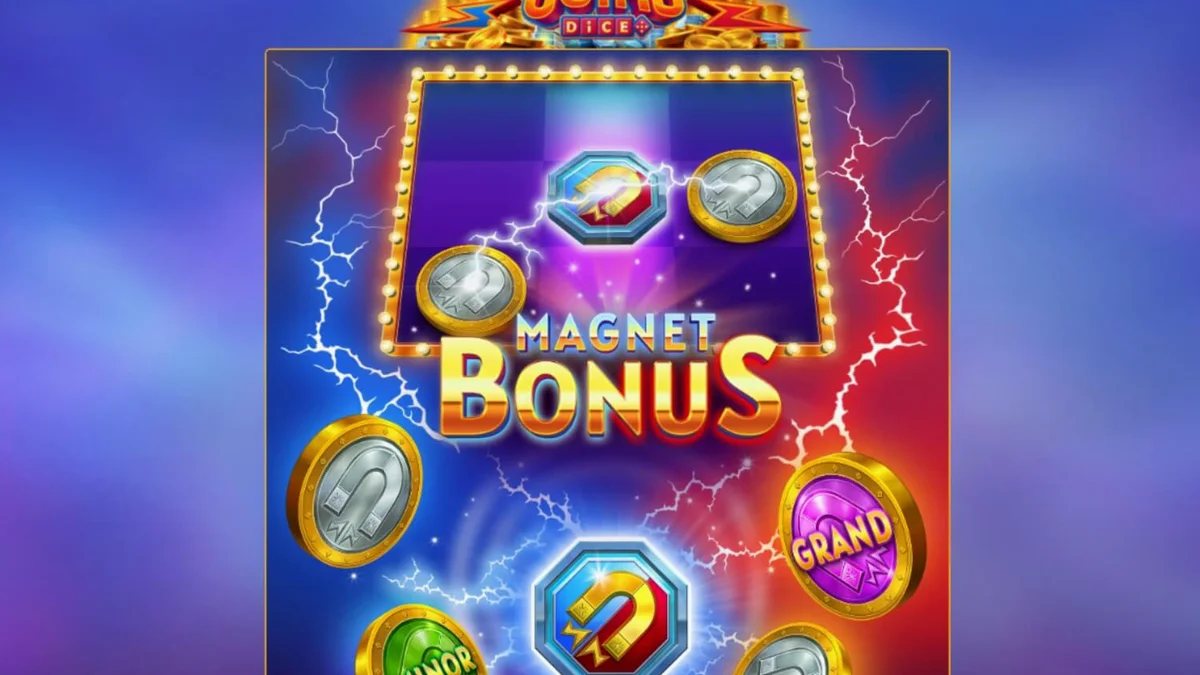 Magnetic Coins Dice slot gameplay interface na nagpapakita ng mga magnetic symbols at coins