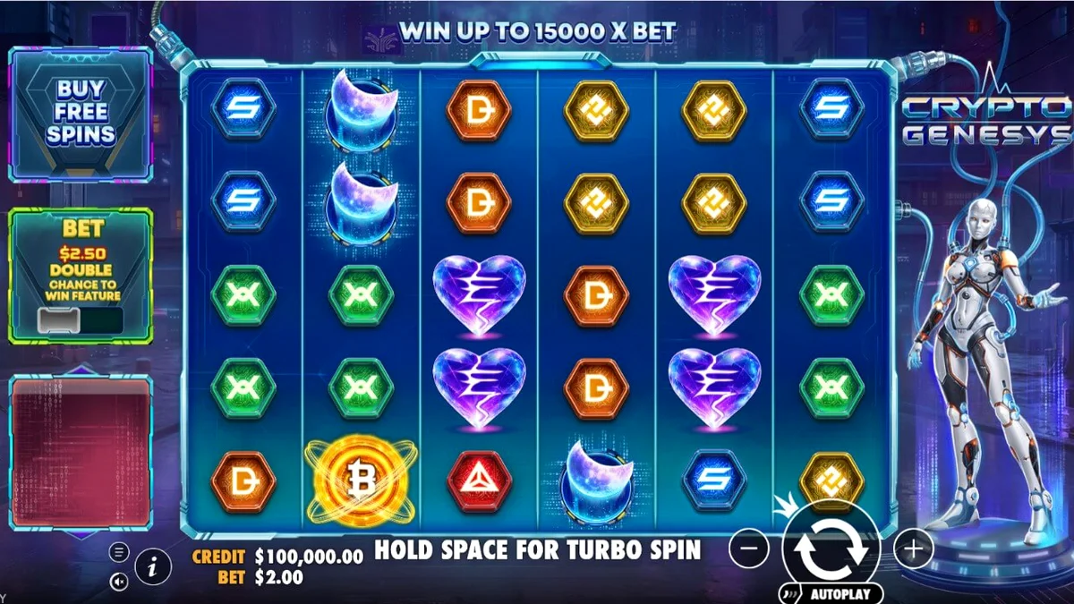 Isang futuristic na cyberpunk slot machine na may mga crypto symbols at neon lights.